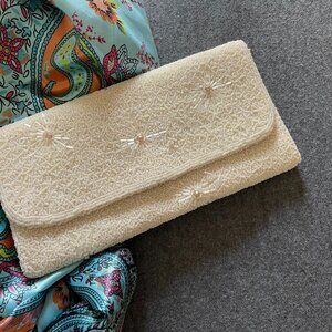 Vintage Ming Arts Beaded Envelope Clutch ~ Ivory ~ Made in Hong Kong